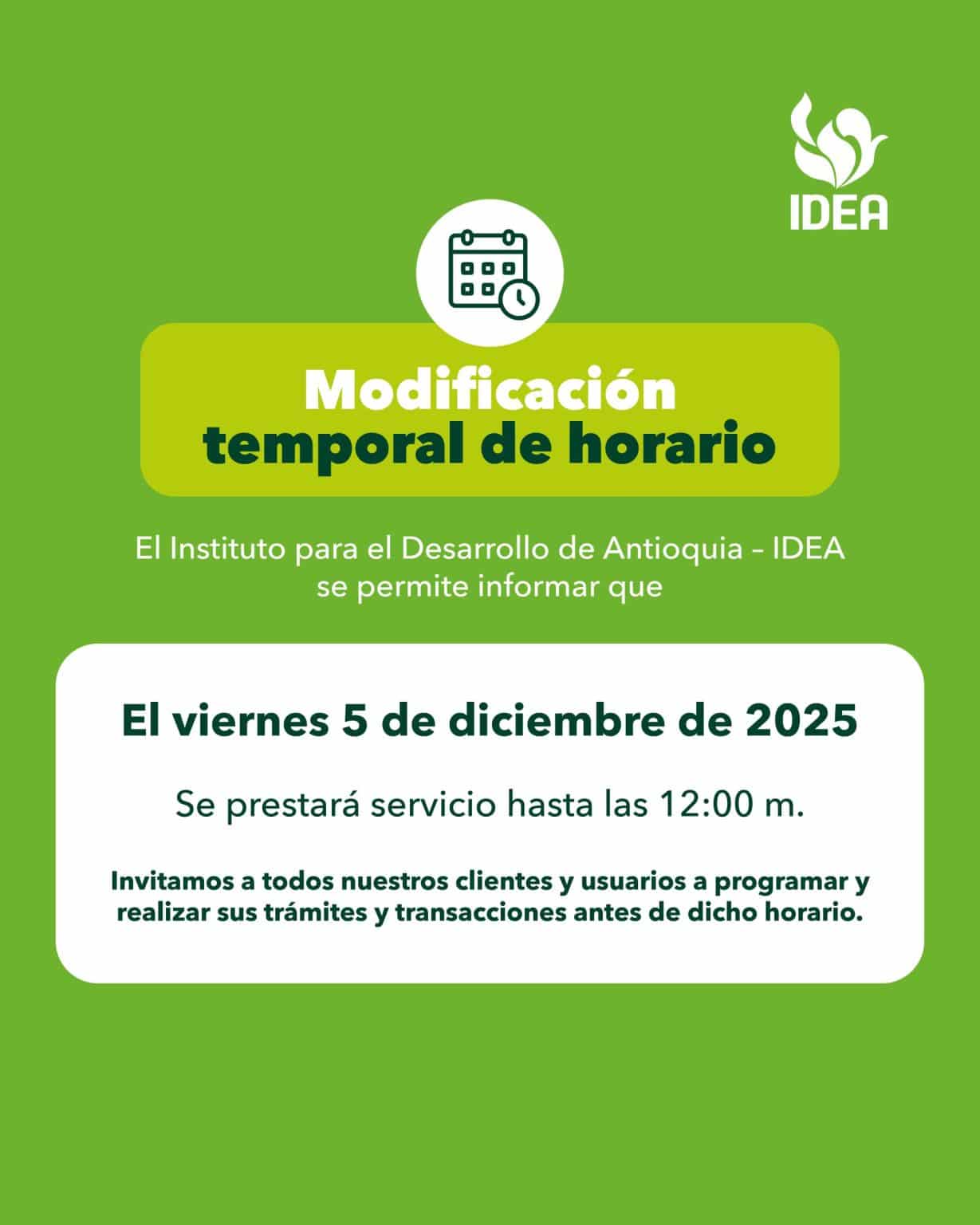 Modificación horario atención 5 de diciembre de 2025