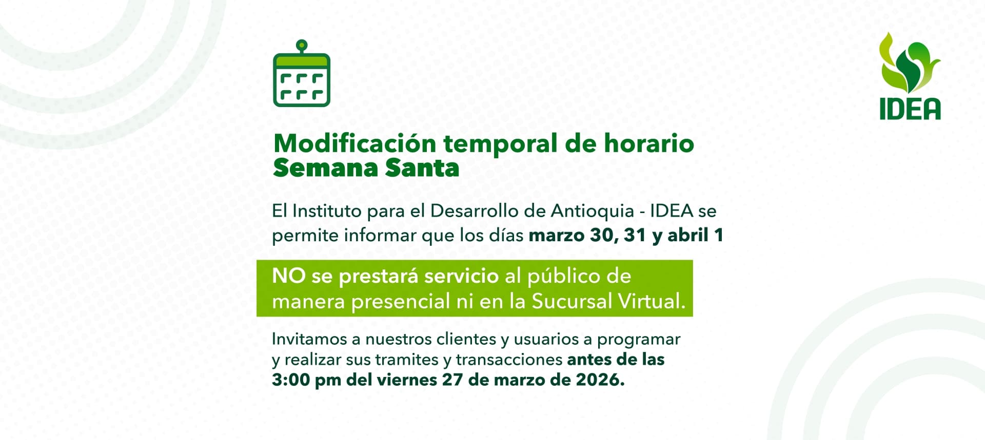 Modificación Horario Semana santa 2026