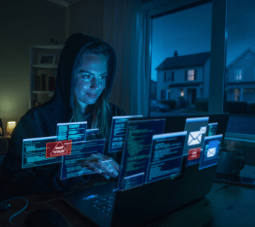 Persona en sombras usando un computador portátil para realizar un ataque de phishing desde una casa residencial durante la noche