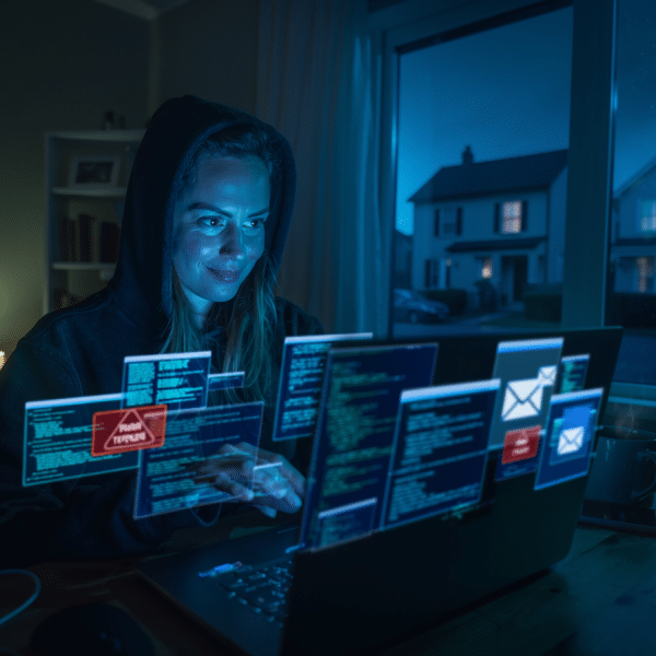Persona en sombras usando un computador portátil para realizar un ataque de phishing desde una casa residencial durante la noche
