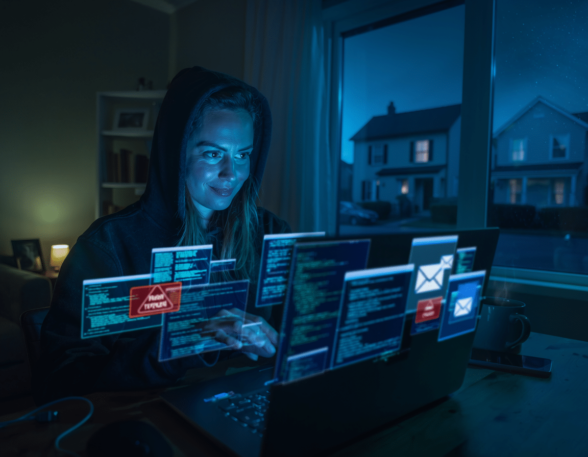 Persona en sombras usando un computador portátil para realizar un ataque de phishing desde una casa residencial durante la noche