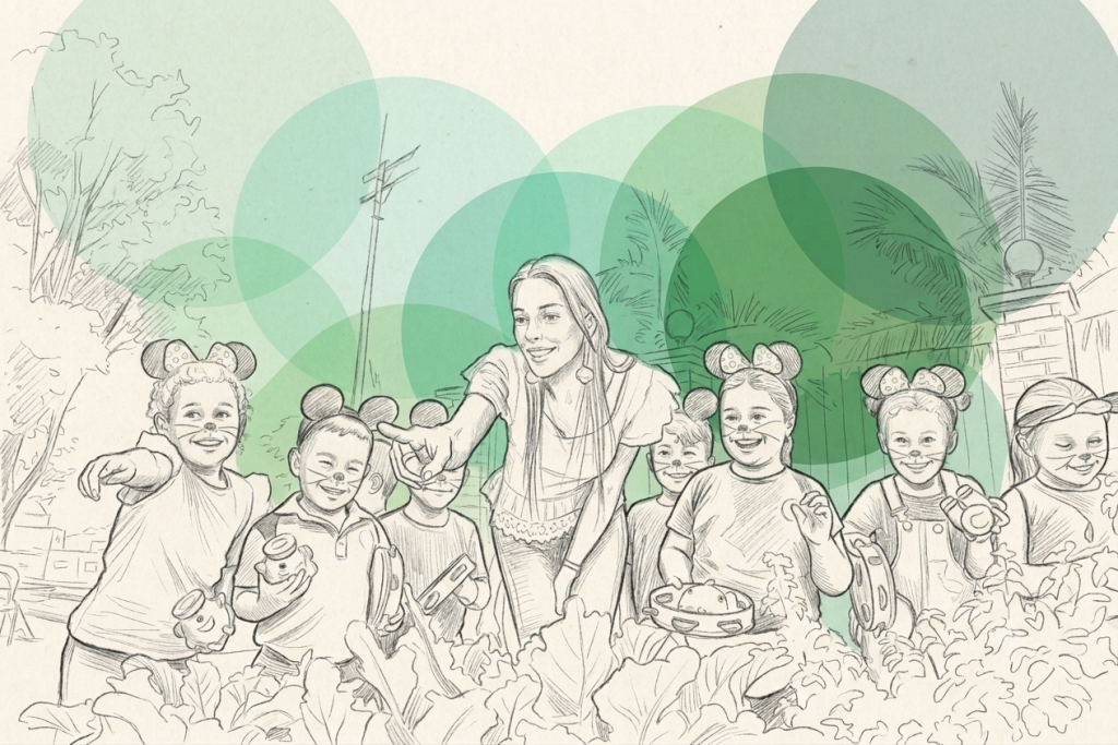 Niños y niñas frente a una huerta escolar. Imagen generada por IA.