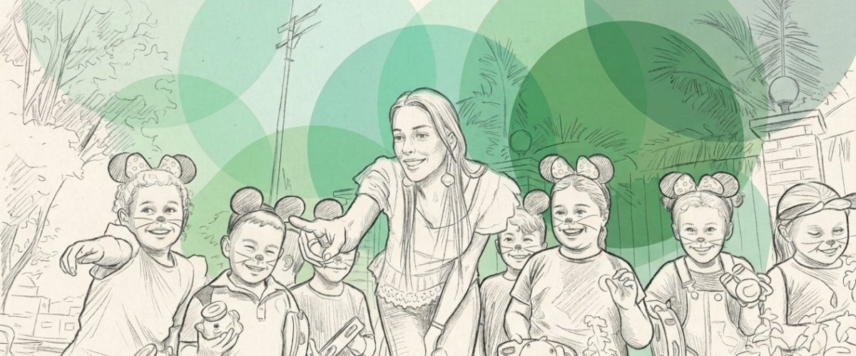 Niños y niñas frente a una huerta escolar